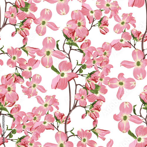 Spring pink dogwood flowers seamless pattern. Seasonal Floral Background for Wedding Invitation, Fabric, Wallpaper, Print. 