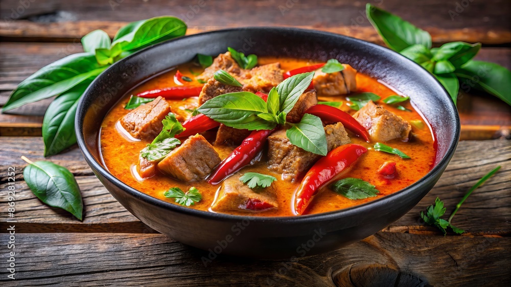 Vibrant red curry with succulent meat and fresh green herbs served in a sleek black bowl on a wooden table. Vibrant red curry with succulent meat and fresh green herbs served in a sleek black bowl on a wooden table.