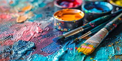 Vibrant Artistic Paints and Brushes on Colorful Textured Canvas photo