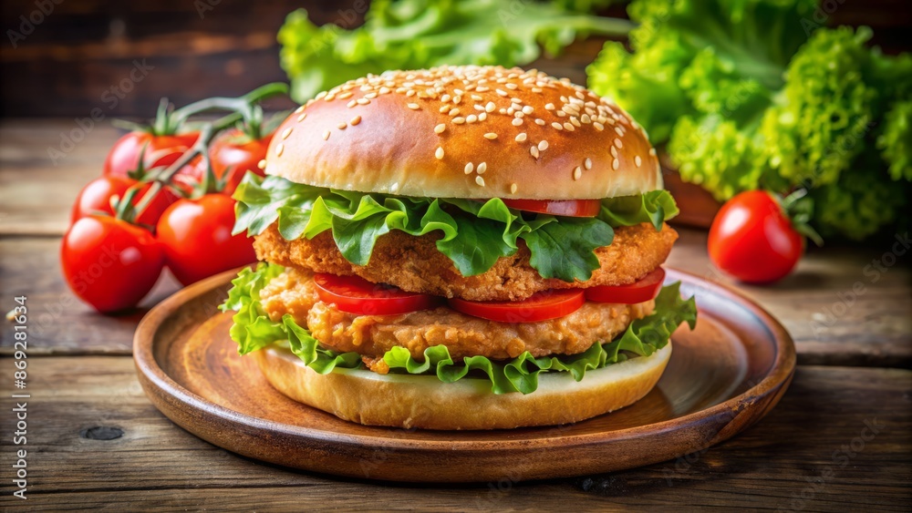 A perfectly arranged plate with a juicy golden-brown chicken patty, crispy lettuce, fresh tomatoes, and toasted sesame bun. A perfectly arranged plate with a juicy golden-brown chicken patty, crispy lettuce, fresh tomatoes, and toasted sesame bun.
