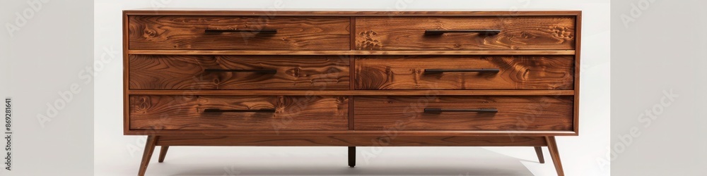 A mid-century modern wooden dresser with six drawers and sleek metal handles, featuring a dark wood finish, isolated on a pure white background. A mid-century modern wooden dresser with six drawers and sleek metal handles, featuring a dark wood finish, isolated on a pure white background.