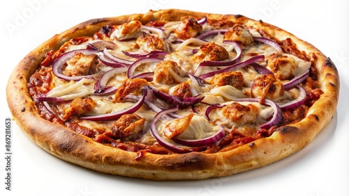 A Delicious Pizza With Chicken, Red Onions, And Mozzarella Cheese.