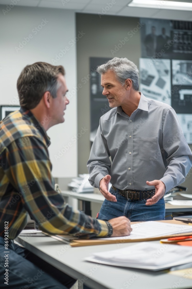 Fototapeta premium Portrait half-body of an American entrepreneur discussing office layout with a construction manager, hyper-realistic, high detail, photorealistic