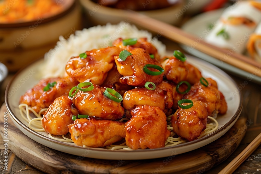 Orange Glazed Chicken Dinner with White Rice on a Plate