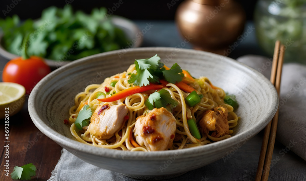 noodles with pieces of chicken meat and herbs, in a plate on a wooden table noodles with pieces of chicken meat and herbs, in a plate on a wooden table
