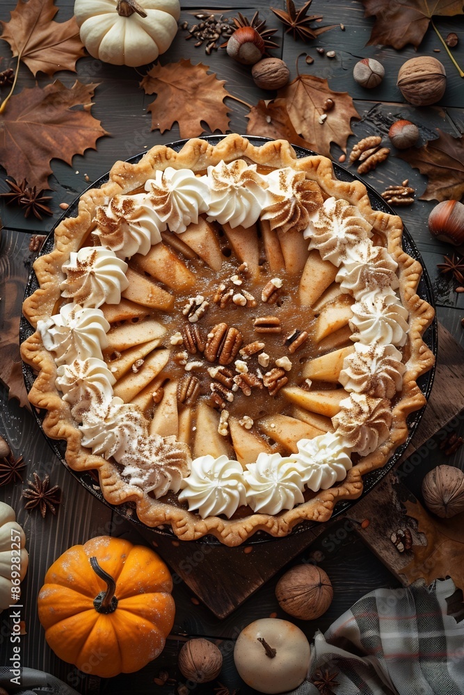 Pecan Pear Pie with Whipped Cream and Fall Decor Pecan Pear Pie with Whipped Cream and Fall Decor