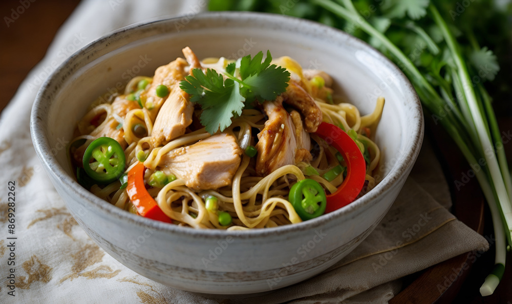noodles with pieces of chicken meat and herbs, in a plate on a wooden table noodles with pieces of chicken meat and herbs, in a plate on a wooden table