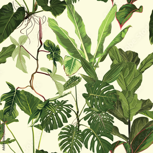 Tropical bright green leaves seamless pattern. Exotic tropical garden for wallpaper, greeting card and fashion design.