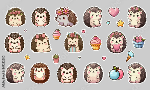 Cute hedgehog sticker set. Vector isolated holiday kawaii animal characters.