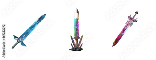 Collection of fantasy video game art style spear shaped weapon made of crystal with an ice blade at the end, on a transparent background,