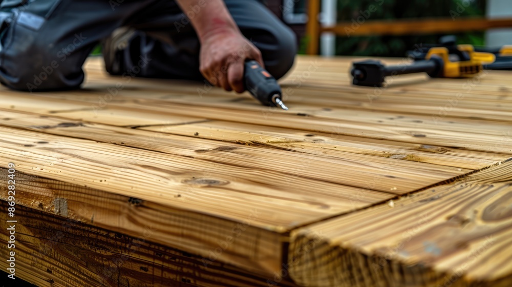Close-up of a Hand Using a Drill on Wooden Deck Boards Close-up of a Hand Using a Drill on Wooden Deck Boards