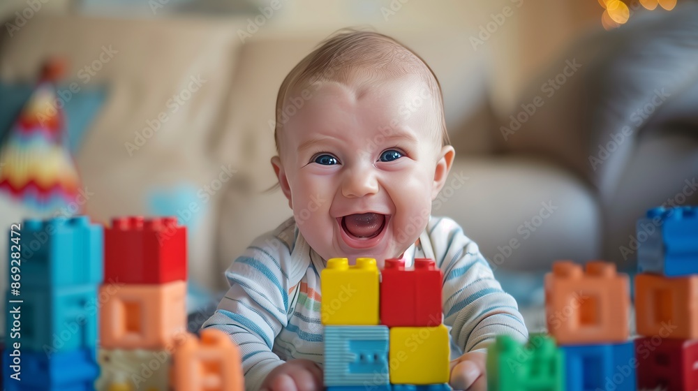 A jubilant baby celebrates stacking blocks successfully, joy evident in its beaming face. A jubilant baby celebrates stacking blocks successfully, joy evident in its beaming face.