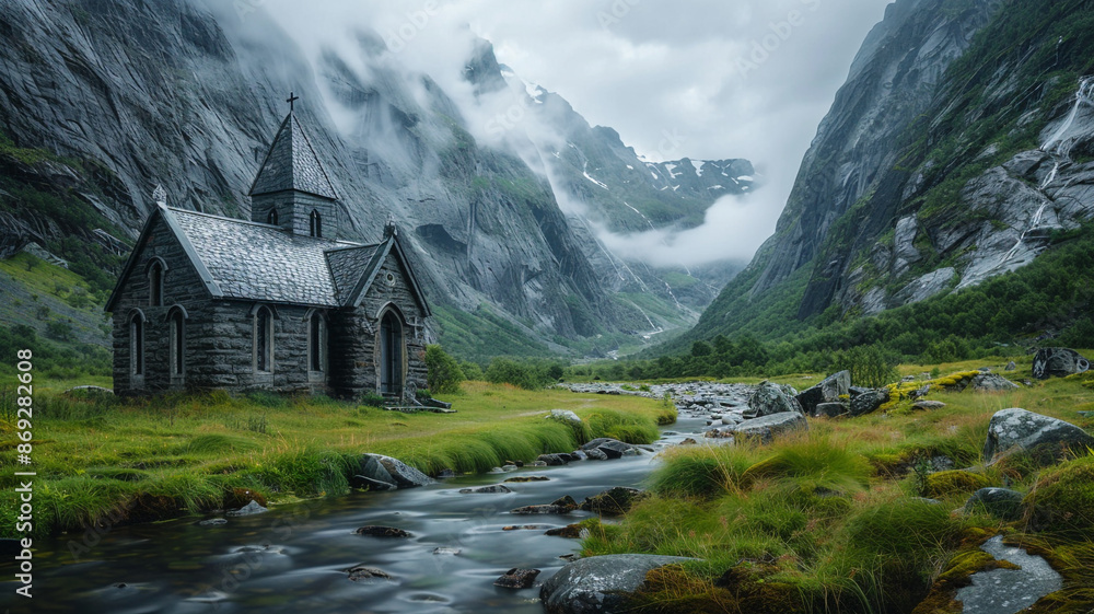 A serene glacial valley with an old stone church and a river running beside it A serene glacial valley with an old stone church and a river running beside it