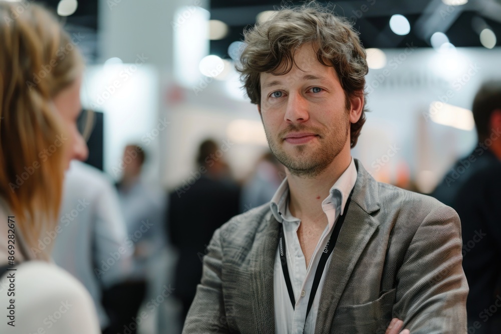 Portrait half-body of a European small business owner networking at a trade show, hyper-realistic, high detail, photorealistic