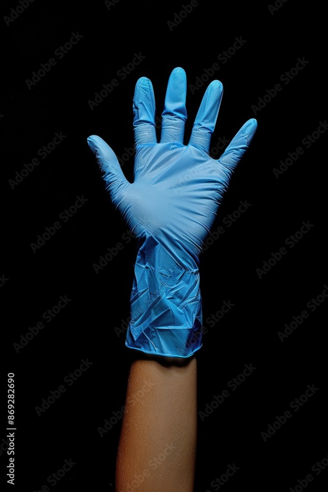 A human hand wearing a blue glove, useful for various scenarios where a gloved hand is required A human hand wearing a blue glove, useful for various scenarios where a gloved hand is required