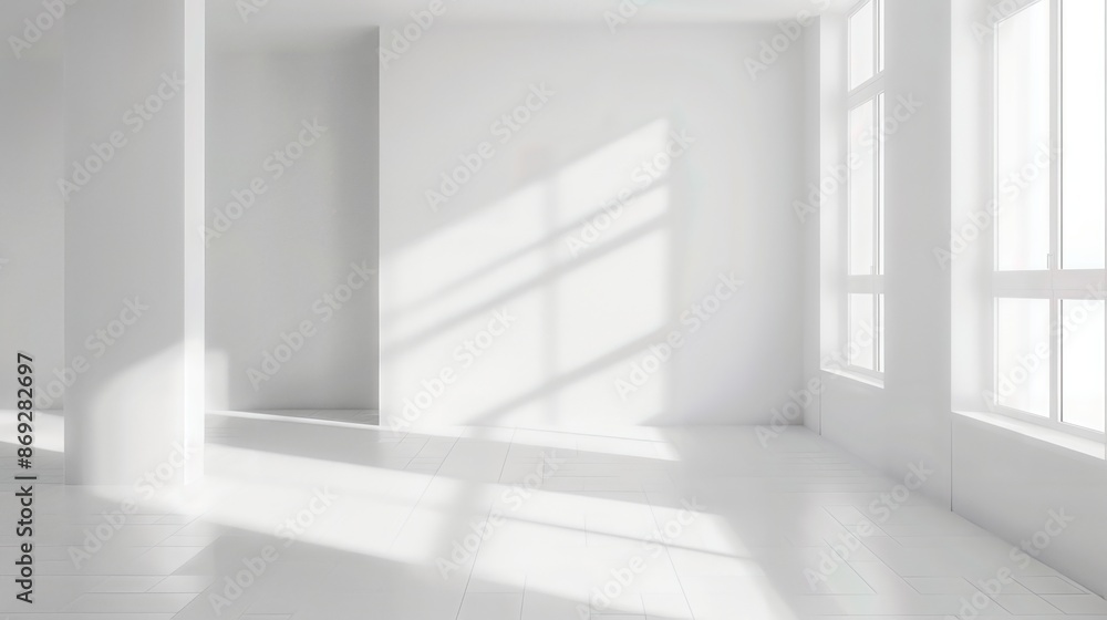 Bright empty room with large windows and natural sunlight creating soft shadows. Minimalistic interior with white walls and clean lines. Bright empty room with large windows and natural sunlight creating soft shadows. Minimalistic interior with white walls and clean lines.