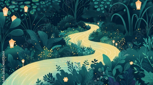 Enchanted Forest Path with Glowing Lanterns at Night