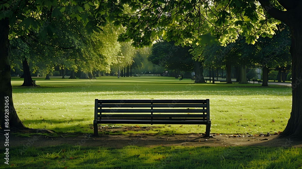 Empty Bench in a Sunlit Green Park with Trees Empty Bench in a Sunlit Green Park with Trees