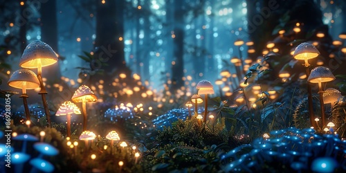 Enchanted Forest with Glowing Mushrooms and Mystical Lights at Night photo