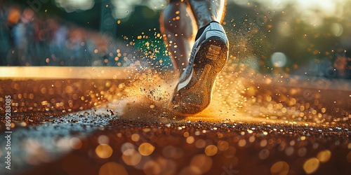Dynamic Close-Up of a Runner's Foot in Motion on Track During Sunset photo