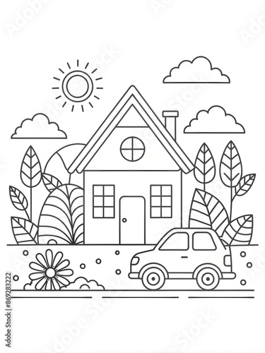 Line art simple coloring page of a cute house with trees,sun, cloud,s and a car