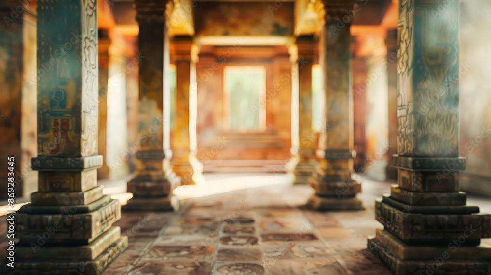 Blurred ancient Aztec temple interior with no people, classical interior, light colors, background, wallpaper Blurred ancient Aztec temple interior with no people, classical interior, light colors, background, wallpaper