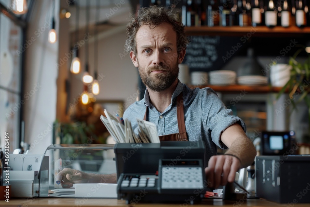 Portrait half-body of a European small business owner setting up a cash register, hyper-realistic, high detail, photorealistic Portrait half-body of a European small business owner setting up a cash register, hyper-realistic, high detail, photorealistic