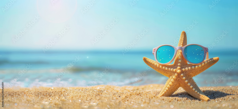 Estrella de mar con gafas de sol posada sobre sobre la arena dorada de una playa virgen, sobre fondo desenfocado del mar y cielo azul de un hermoso día de verano Estrella de mar con gafas de sol posada sobre sobre la arena dorada de una playa virgen, sobre fondo desenfocado del mar y cielo azul de un hermoso día de verano