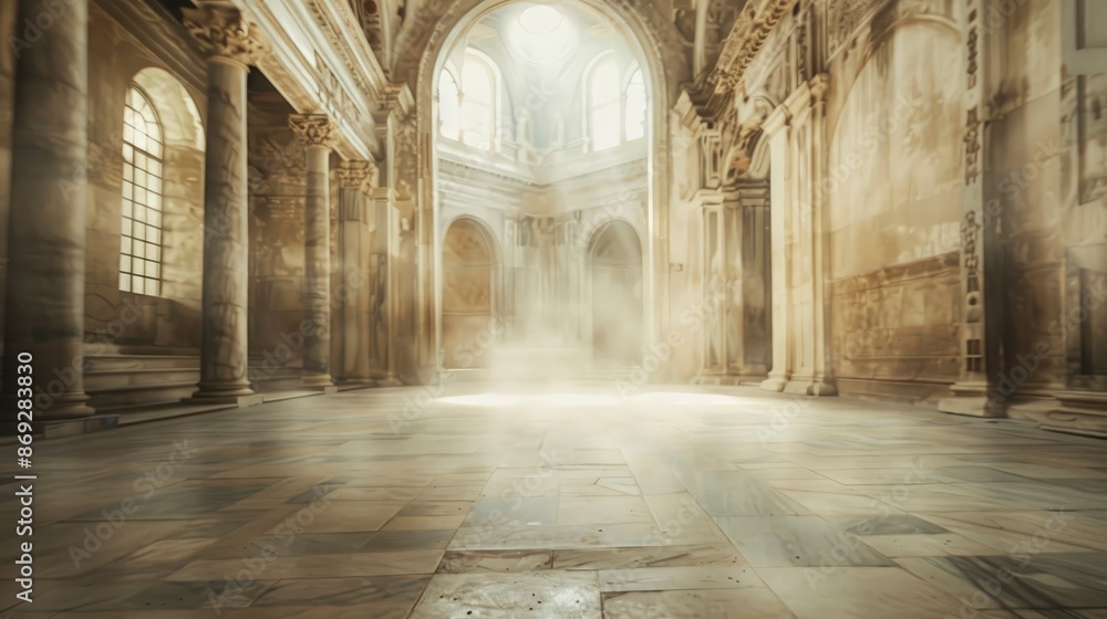 Blurred ancient Byzantine temple interior with no people, classical interior, light colors, background, wallpaper Blurred ancient Byzantine temple interior with no people, classical interior, light colors, background, wallpaper