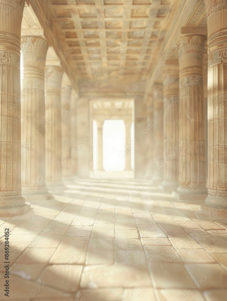 Fototapeta premium Blurred ancient Egyptian temple interior with no people, classical interior, light colors, background, wallpaper