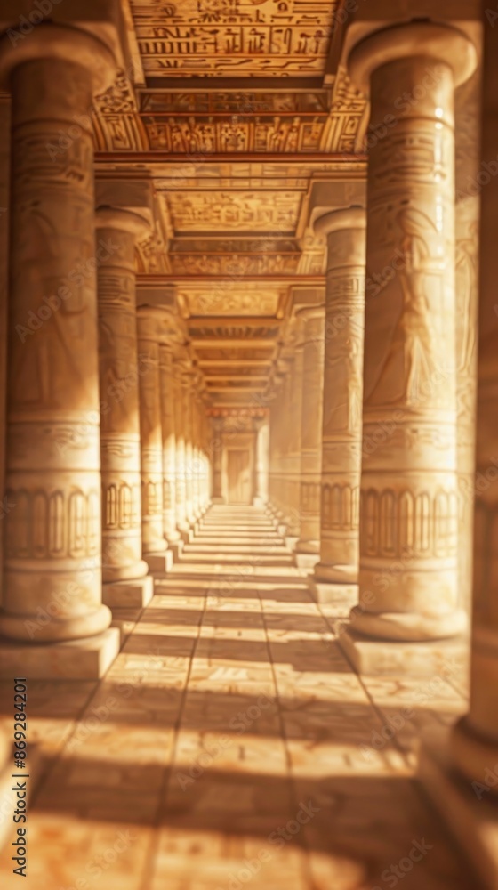 Blurred ancient Egyptian temple interior with no people, classical interior, light colors, background, wallpaper Blurred ancient Egyptian temple interior with no people, classical interior, light colors, background, wallpaper