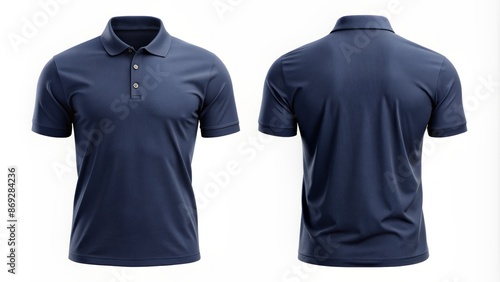Isolated blank navy blue polo shirt mockup template on white background for customizable design and print presentation purposes.