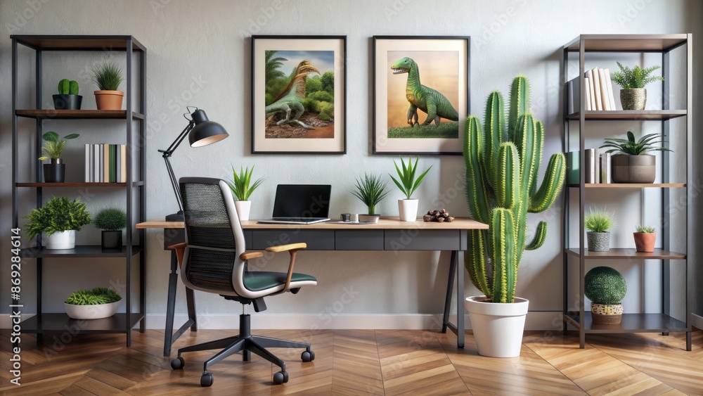 Modern stylish home office setup featuring dinosaur print artwork, thriving cactus plant, and organized black desk with literary classics nearby. Modern stylish home office setup featuring dinosaur print artwork, thriving cactus plant, and organized black desk with literary classics nearby.