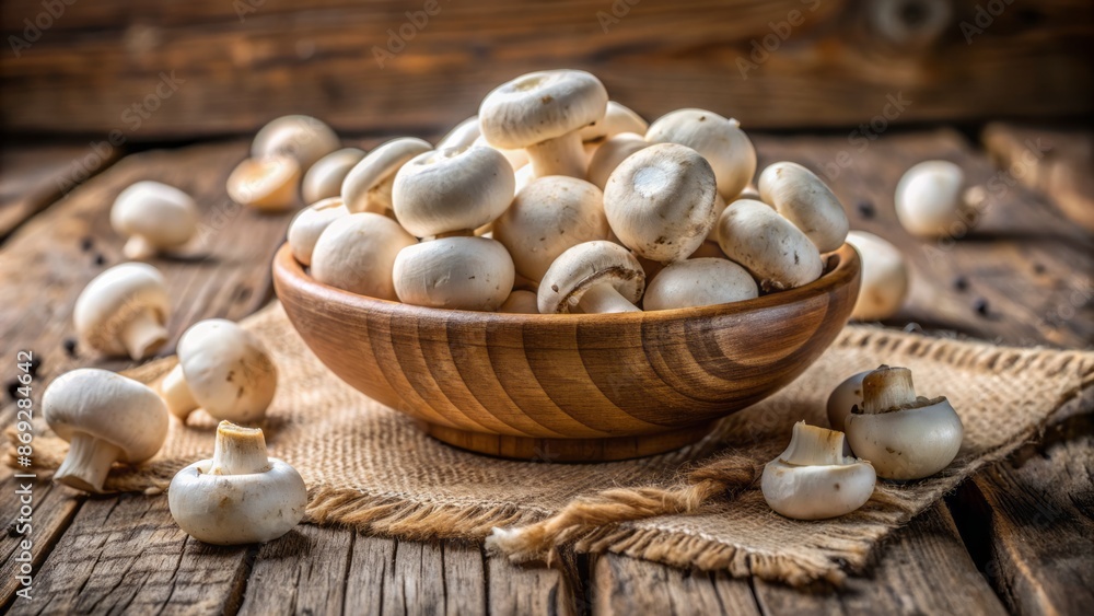 Fresh white button mushrooms overflow from a rustic wooden bowl on a worn wooden table against a soft natural background. Fresh white button mushrooms overflow from a rustic wooden bowl on a worn wooden table against a soft natural background.