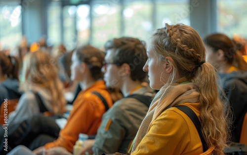 A group of conference attendees listens intently to a lecturer, demonstrating engagement and interest in the presented information
