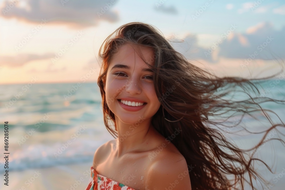 Hair Summer. Beautiful Caucasian Woman Smiling with Fluttering Hair on the Beach Hair Summer. Beautiful Caucasian Woman Smiling with Fluttering Hair on the Beach