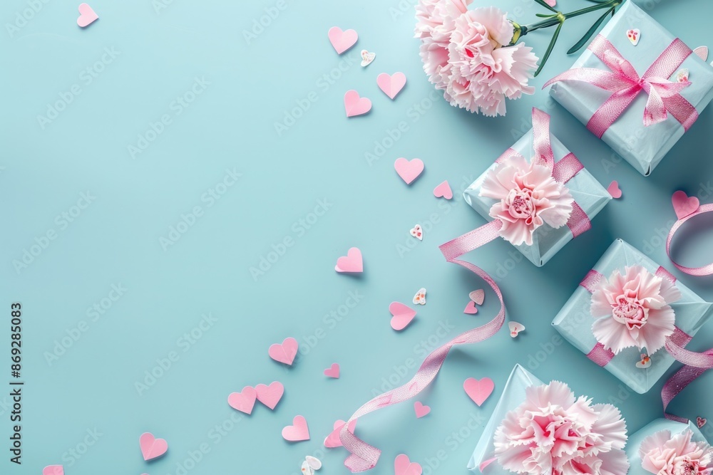 Happy Flat. Beauty of Mother's Day: Blooming Carnations and Gift Boxes on Pastel Blue Background Happy Flat. Beauty of Mother's Day: Blooming Carnations and Gift Boxes on Pastel Blue Background
