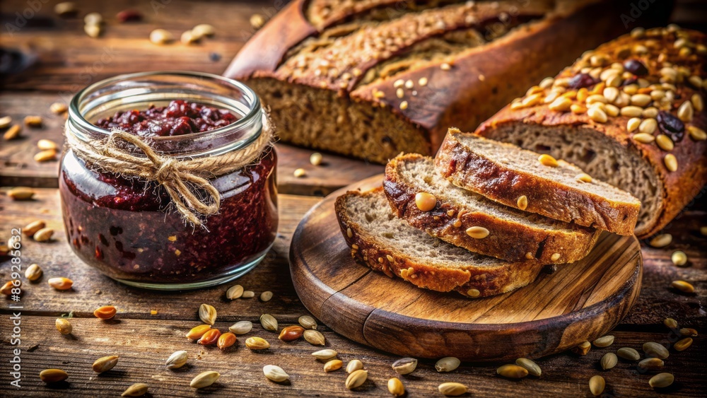 A crunchy slice of whole grain toast splattered with a rich, dark brown, savory spread, oozing out of a partially opened jar. A crunchy slice of whole grain toast splattered with a rich, dark brown, savory spread, oozing out of a partially opened jar.