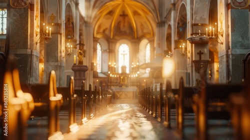 Blurred Catholic church interior with no people, classical interior, light colors, background, wallpaper 