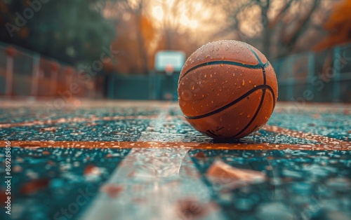 A close-up of a basketball wet from rain, resting on a basketball court © imagineRbc