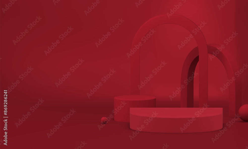 3d red showcase podium with arch wall background for show realistic vector illustration 3d red showcase podium with arch wall background for show realistic vector illustration