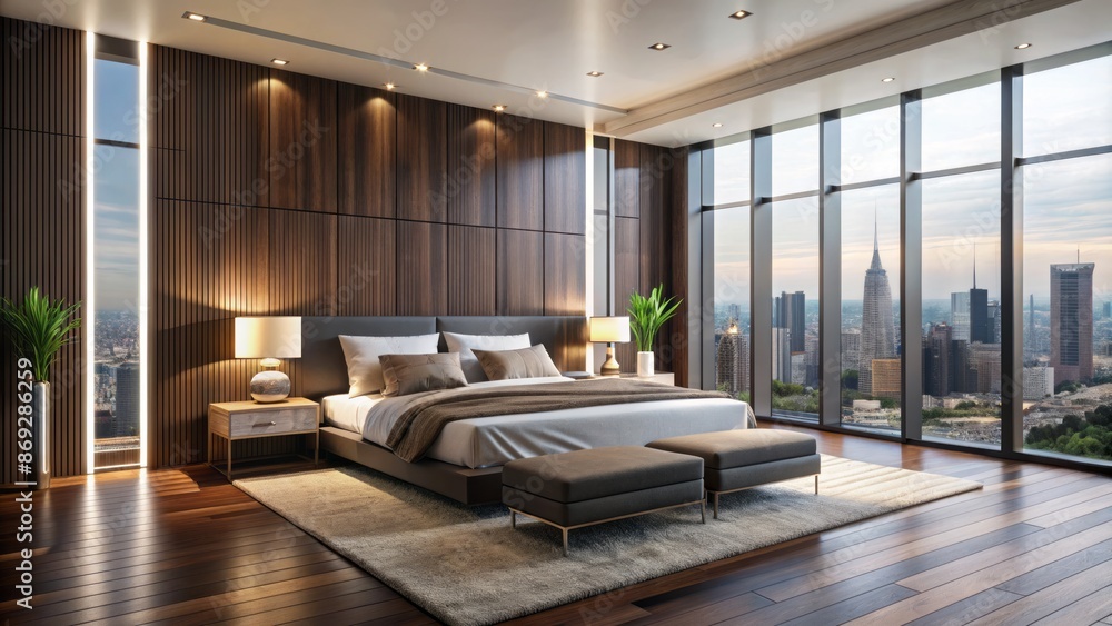 Luxurious modern bedroom interior with sleek wooden paneling, minimalist white furniture, and floor-to-ceiling window with cityscape view. Luxurious modern bedroom interior with sleek wooden paneling, minimalist white furniture, and floor-to-ceiling window with cityscape view.