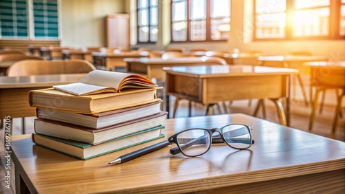 Wallpaper Mural A cluttered desk with stacked books, glasses, and a notepad, surrounded by warm lighting, hints at a lifelong learner's diligent pursuit. Torontodigital.ca