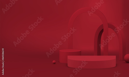 3d red showcase podium with arch wall background for show realistic vector illustration