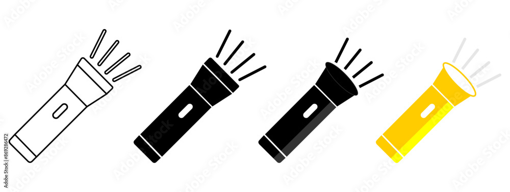 Obraz premium Flashlight icon. Torch signs. Lamp light symbol. Electric portable device symbols. Spotlight for police icons. Black, yellow, flat color. Vector isolated sign.