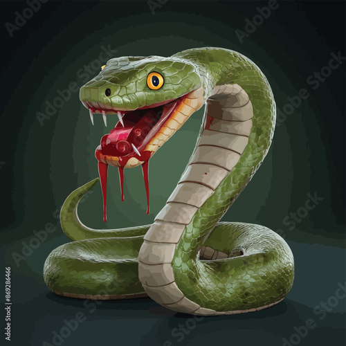 Realistic snake cartoon with blood in mouth. Green snake 3d image