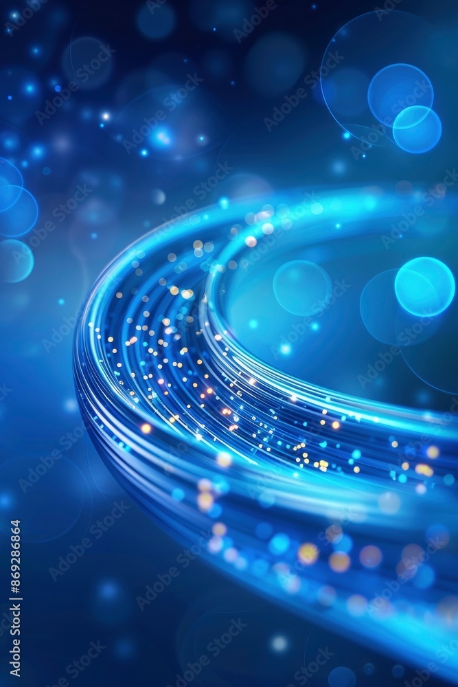 A closeup of glowing blue neon optical fiber cable on blur background A closeup of glowing blue neon optical fiber cable on blur background