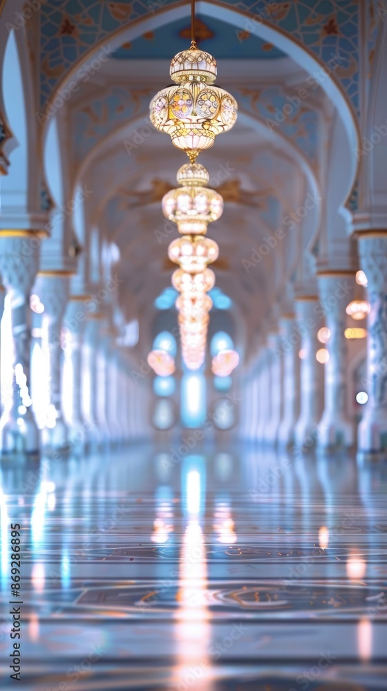 Fototapeta premium Blurred Muslim mosque interior with no people, classical interior, light colors, background, wallpaper 