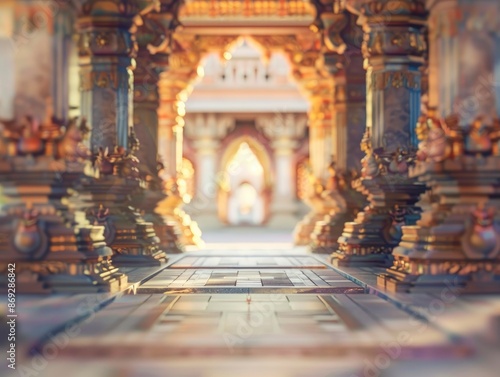 Blurred Indian temple interior with no people, classical interior, light colors, background, wallpaper
