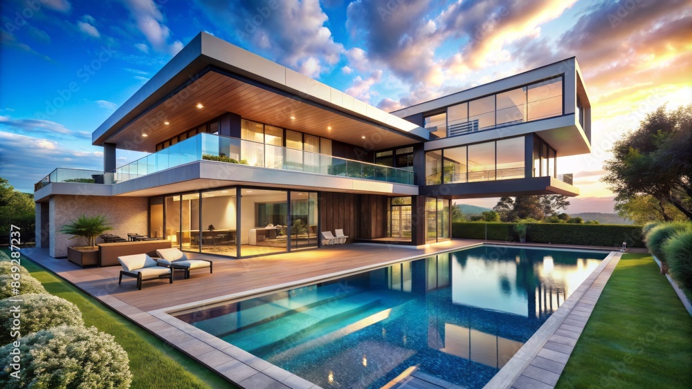 Fototapeta premium Modern angular architecture with sleek glass facade, lavish outdoor pool, and lush greenery on a sunny cloudless sky backdrop.
